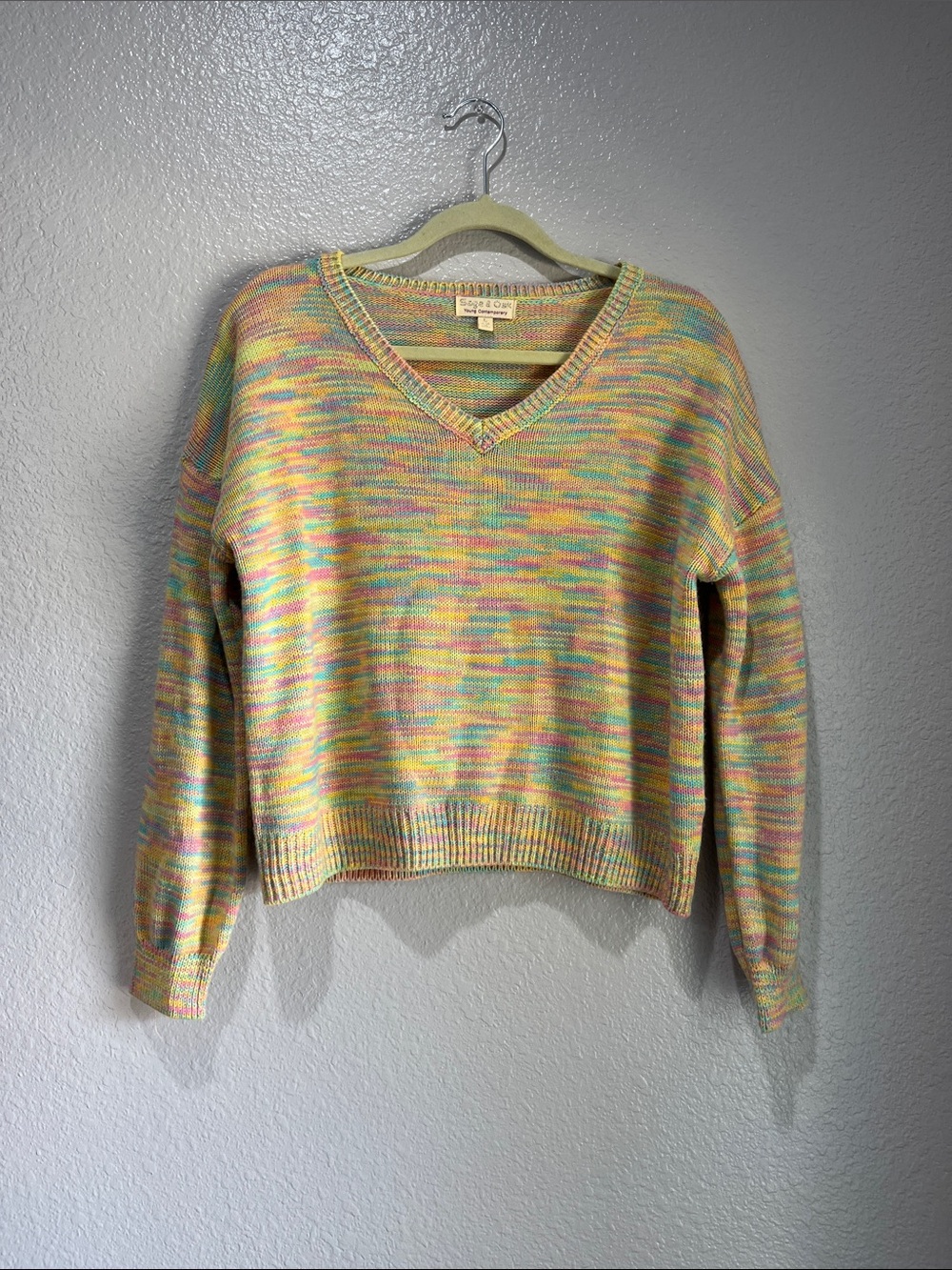 Sage & Oak Pastel Yellow Pink Blue Green V-Neck Sweater Sz L Comfy Cozy Casual